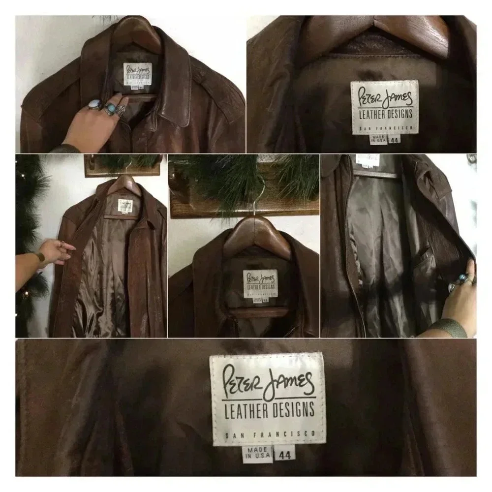 Vintage PETER JAMES Lambskin Leather Designs San Francisco Brown Moto Jacket